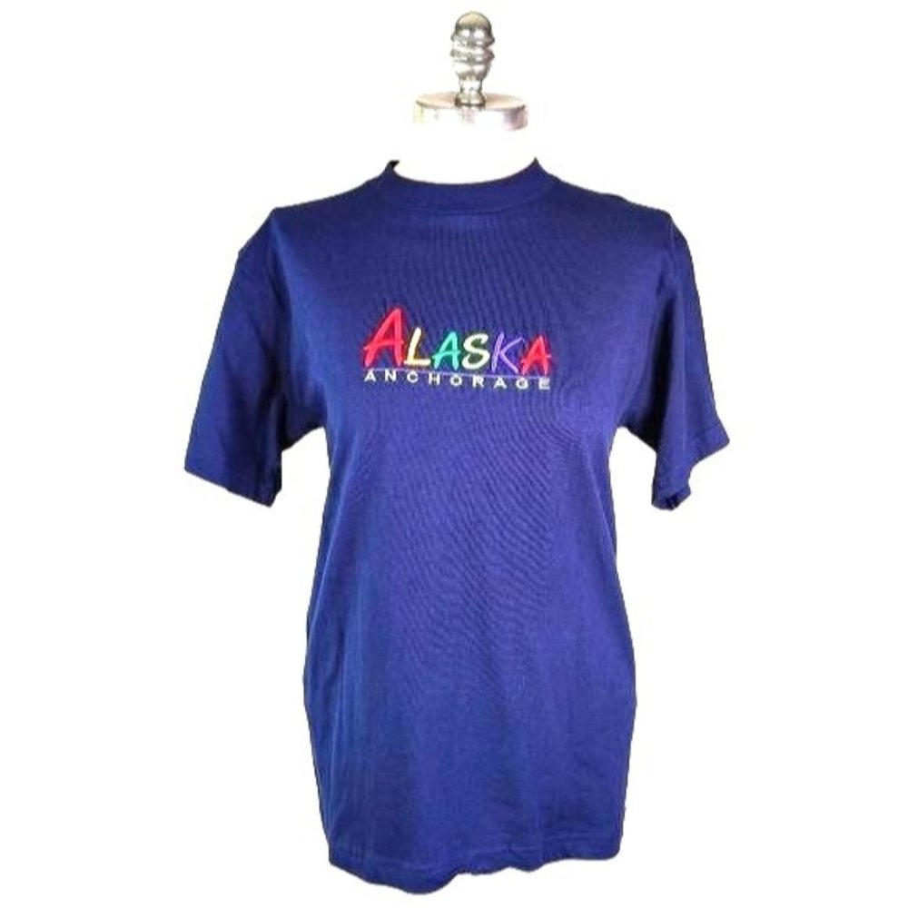 Anchorage Alaska Rainbow Embroidered Blue Short Sleeve T-Shirt Unisex Medium
